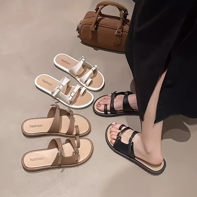 Women'S Summer Flat Sandals - Elegant Open-Toe Beach Shoes with Metal Buckle Strap, Lightweight & Comfortable, Striped Design in Beige & Black, Perfect for Casual Travel, Strappy Sandals