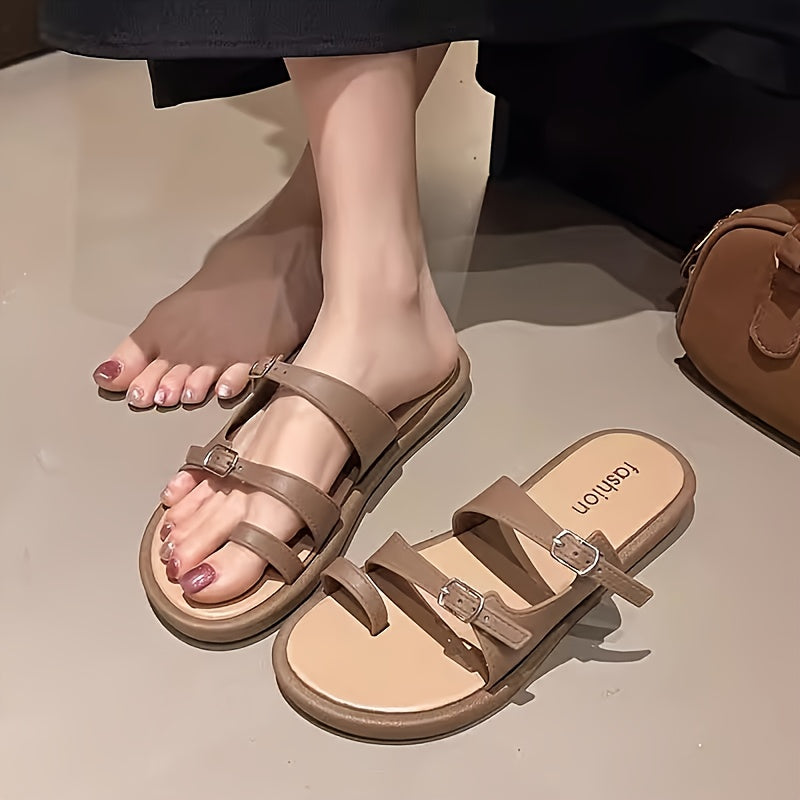 Women'S Summer Flat Sandals - Elegant Open-Toe Beach Shoes with Metal Buckle Strap, Lightweight & Comfortable, Striped Design in Beige & Black, Perfect for Casual Travel, Strappy Sandals