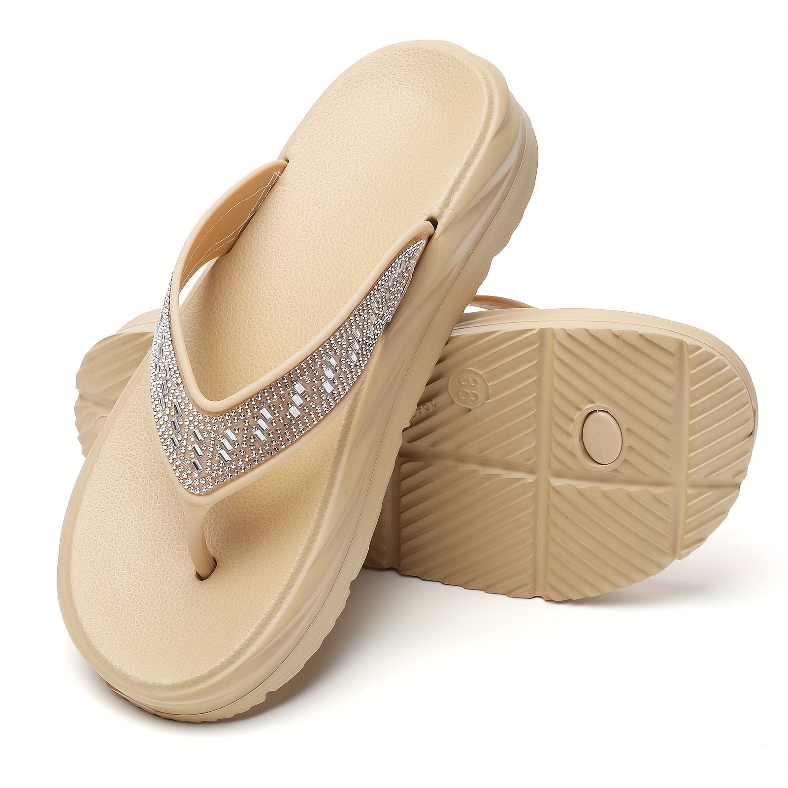 Women's Rhinestone Flip Flops - Stylish Black EVA Thick Sole Slides with Sparkling Accents, Non-Slip & Cushioned Comfort for Beach, Pool, Travel, Indoor & Outdoor Wear
