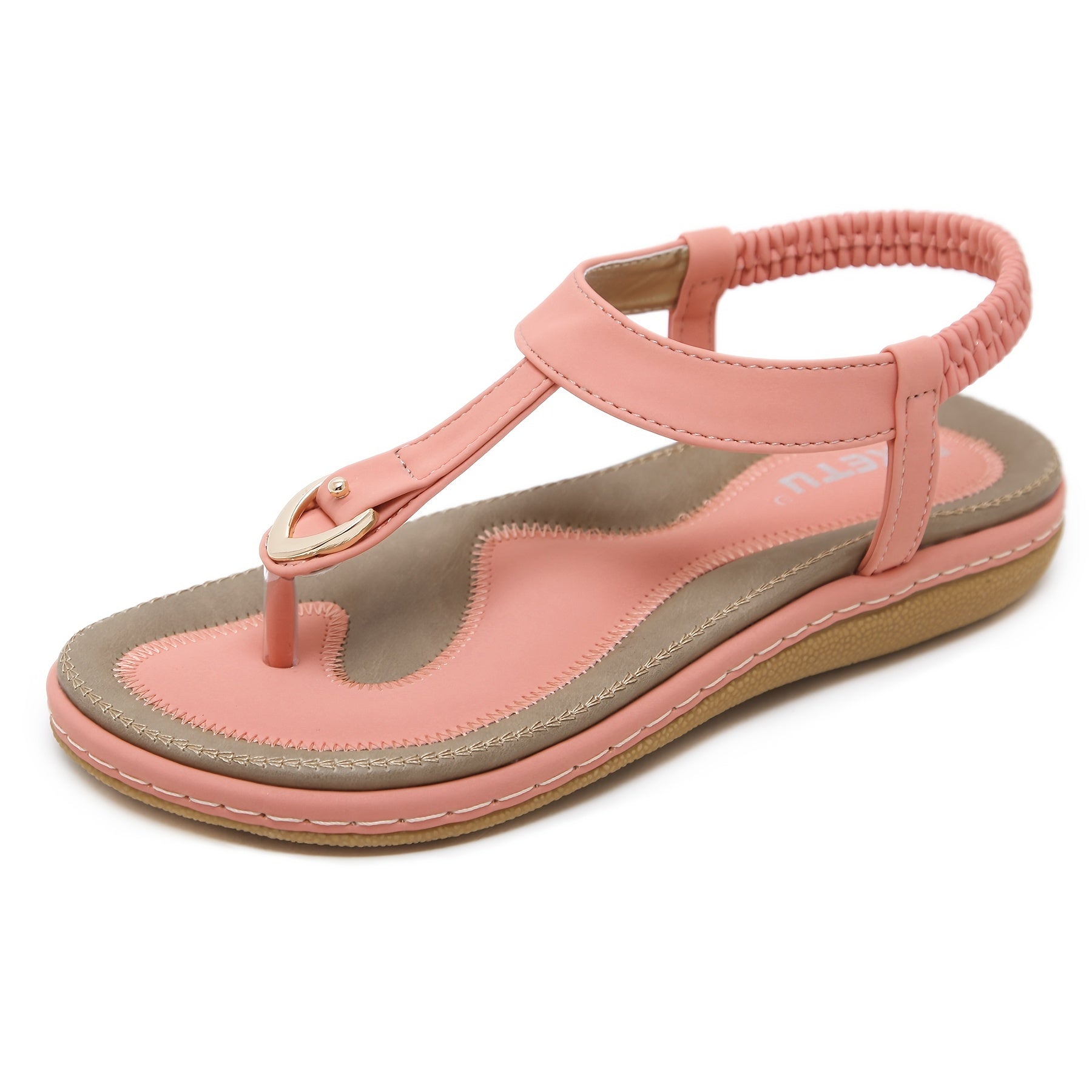 [Pink Flat Sandals] Pink Women's Flat Sandals, Large Size, Synthetic Upper, TPR Sole, Open Toe, Ankle Strap, Golden Buckle and Embroidered Straps | Summer 2025 Casual Footwear, Durable
