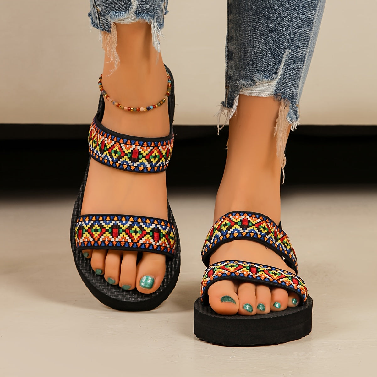 Women's Stylish Slide Sandals - Comfortable EVA Sole, Open Toe with Geometric Pattern, Lightweight Fabric Straps, Perfect for Beach, Casual Outings & Indoor Use, Beach Shoes