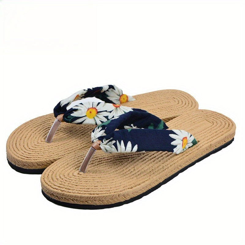 Women's Beach Flip-Flops with Linen Upper & EVA Sole - Non-Slip Flat Sandals, Beige & Black Polka Dot Design, Soft Cushioned Insole for Poolside, Summer Casual, and Casual Attire - Breathable Comfortable Slippers