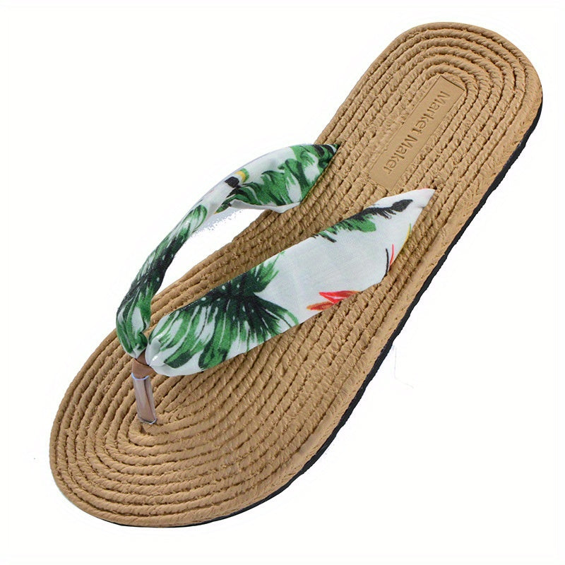 Women's Beach Flip-Flops with Linen Upper & EVA Sole - Non-Slip Flat Sandals, Beige & Black Polka Dot Design, Soft Cushioned Insole for Poolside, Summer Casual, and Casual Attire - Breathable Comfortable Slippers