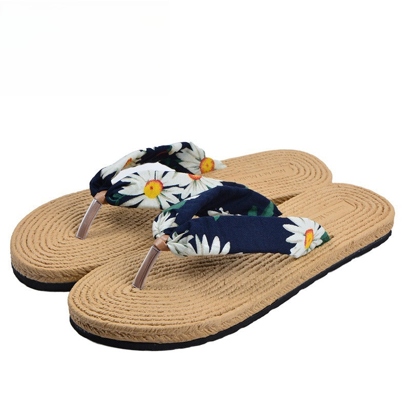 Women's Beach Flip-Flops with Linen Upper & EVA Sole - Non-Slip Flat Sandals, Beige & Black Polka Dot Design, Soft Cushioned Insole for Poolside, Summer Casual, and Casual Attire - Breathable Comfortable Slippers
