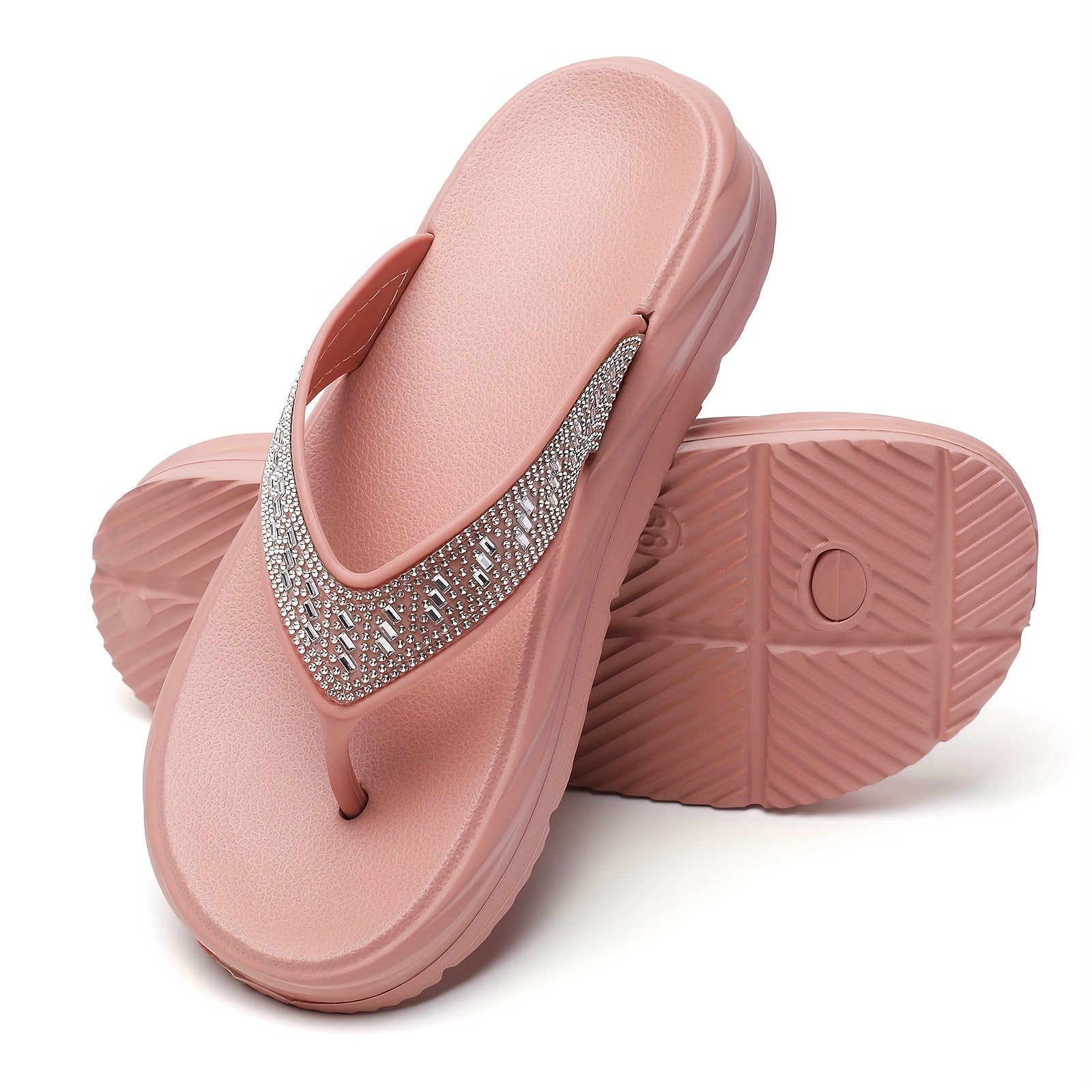 Women's Rhinestone Flip Flops - Stylish Black EVA Thick Sole Slides with Sparkling Accents, Non-Slip & Cushioned Comfort for Beach, Pool, Travel, Indoor & Outdoor Wear
