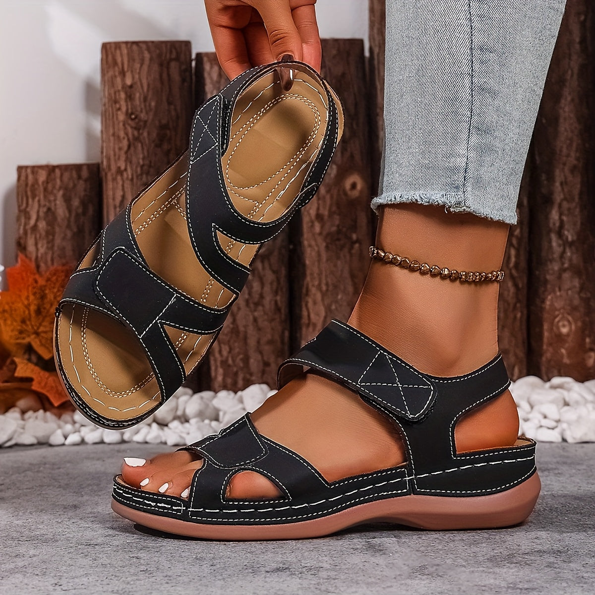 Ladies' Summer Lightweight Sandals, Stylish And Simple Flat Shoes, Solid Color Large Size Adjustable Magic Strap Handmade Shoes, Adjustable Comfortable Soft Open-Toe Women'S Sandals