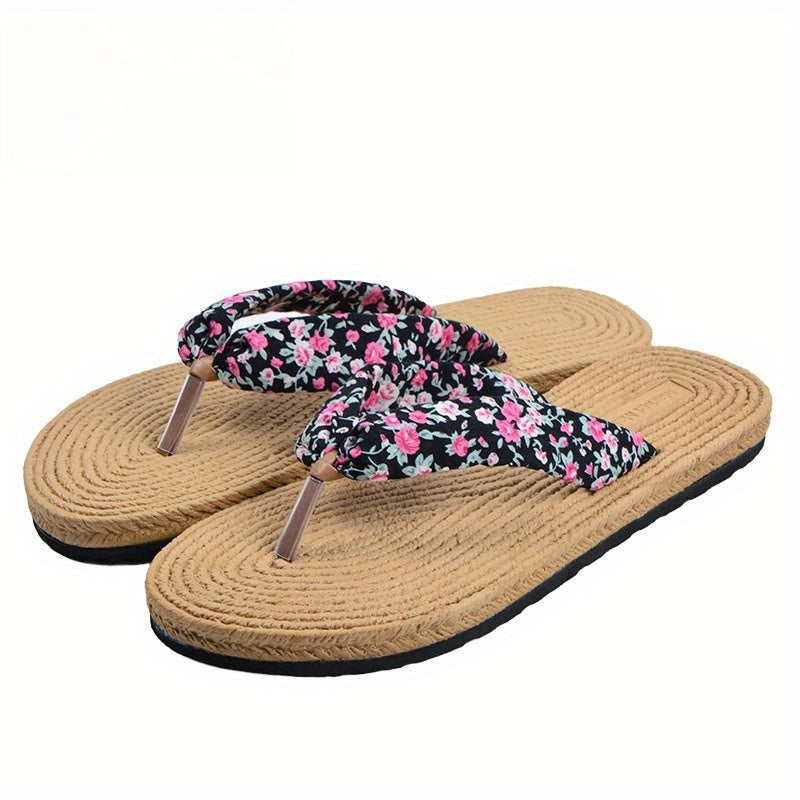 Women's Beach Flip-Flops with Linen Upper & EVA Sole - Non-Slip Flat Sandals, Beige & Black Polka Dot Design, Soft Cushioned Insole for Poolside, Summer Casual, and Casual Attire - Breathable Comfortable Slippers