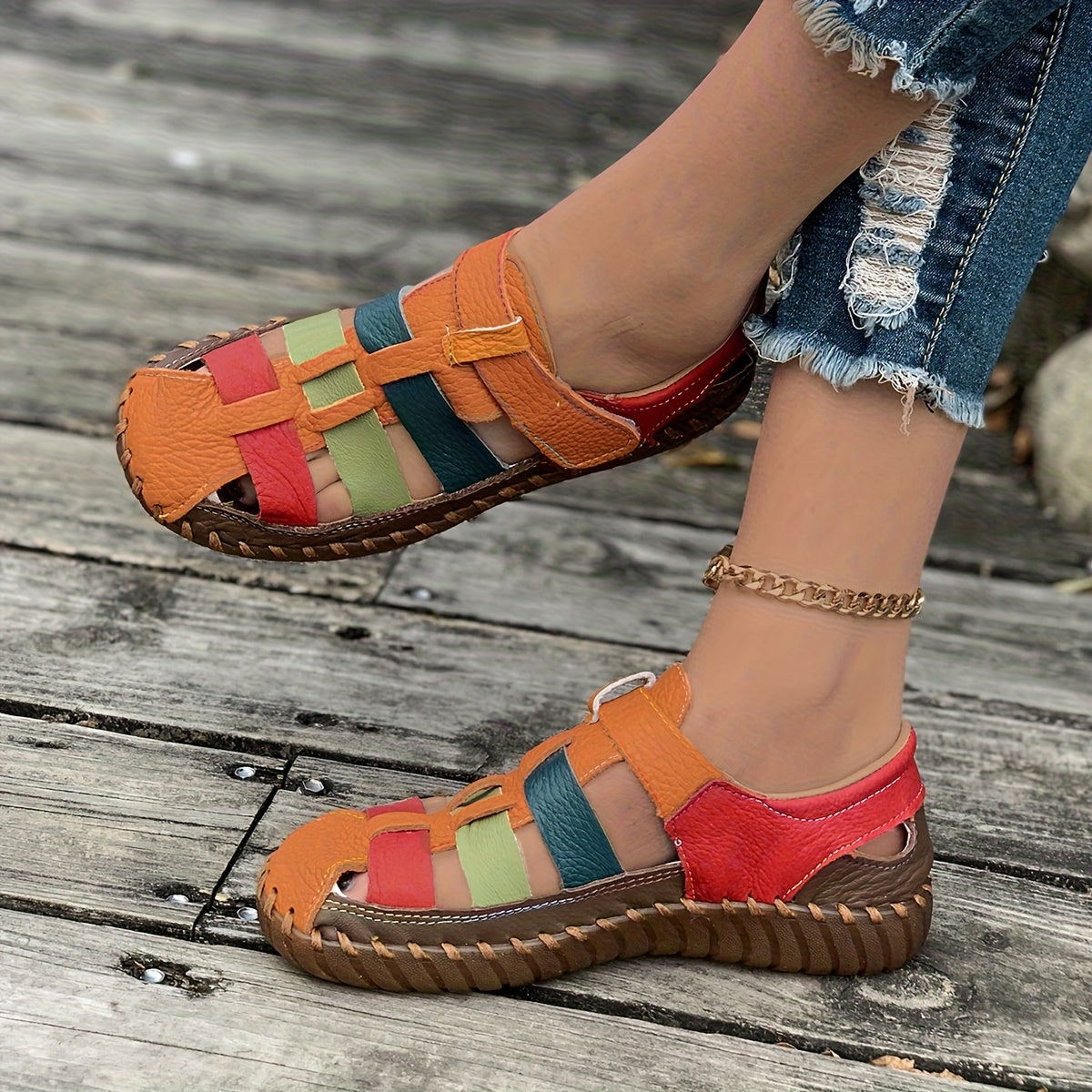 Women’s Colorful Flat Sandals - Soft Casual Loafers with Non-Slip Rubber Sole, Cut-Out Design, and Elastic Straps for Comfortable Fit, Ladies Sandals