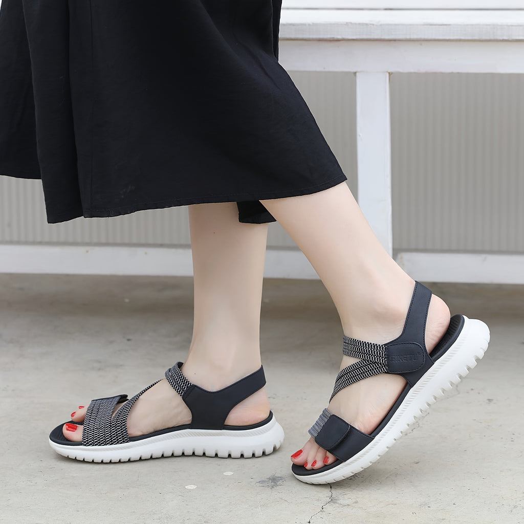 [Comfortable Sandals] Amazon's Lightweight Comfortable Women's Flat Sandals | Adjustable Ankle Strap, Breathable Open-Toe Design, Cushioned EVA Insole & Non-Slip MD Sole - Summer Casual Beach Shoes Beige/Black (EU 35-42), Decorative Metallic Accent &