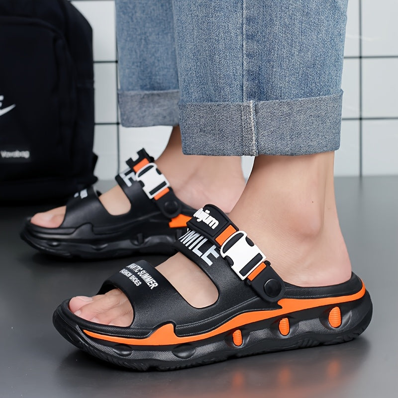 Women's Sport Sandals with Thick Cushioned EVA Sole, Slip-Resistant High Quality Design & Anti-Odor Technology - Black/Orange Letter Print for Beach, Outdoor, Home Use - Lightweight Breathable Slip-On Slippers