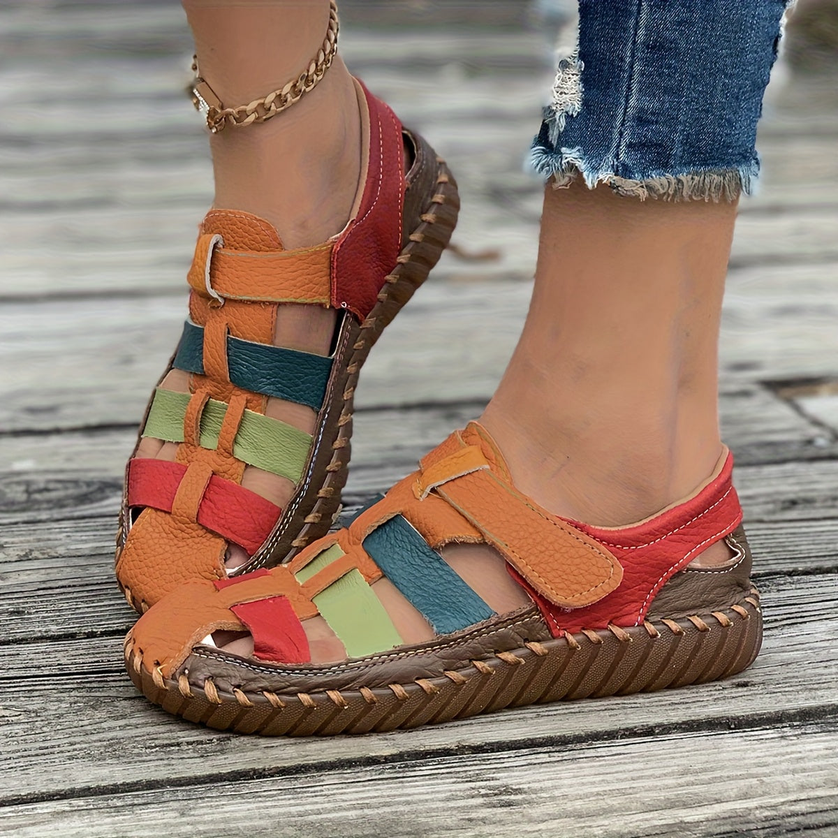 Women’s Colorful Flat Sandals - Soft Casual Loafers with Non-Slip Rubber Sole, Cut-Out Design, and Elastic Straps for Comfortable Fit, Ladies Sandals