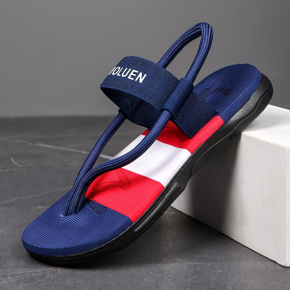 Men's Casual Flip Flops with Bold Letter Print & Striped Design - Durable Fabric Upper, Non-Slip PVC Sole, Comfortable EVA Insole - All-Season Versatile for Beach, Pool, Lounge - Blue, Beach Accessories, Poolside Footwear