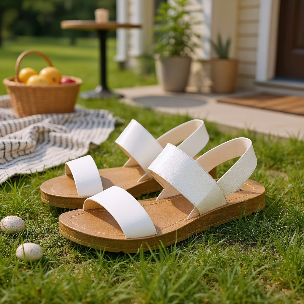 1 Pair Women'S White Slip-On Sandals - Breathable Synthetic Cover Flat Heel, Open-Toe Design for Casual & Commuting, Easy to Wear with Straw Hat & Basket in the Background, Summer Footwear, Comfortable Footwear