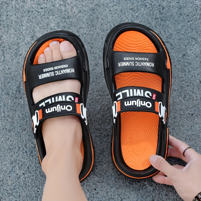 Women's Sport Sandals with Thick Cushioned EVA Sole, Slip-Resistant High Quality Design & Anti-Odor Technology - Black/Orange Letter Print for Beach, Outdoor, Home Use - Lightweight Breathable Slip-On Slippers