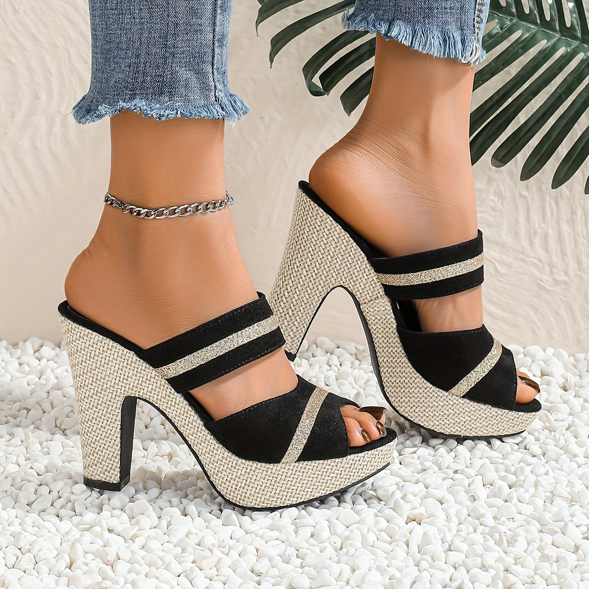 [Elegant Sandals] Ultra-High Heel Women's Bohemian Sandals | Elegant Thick-Soled Slip-On, Open-Toe Ankle Strap, All-Season Comfort, Synthetic Cover & TPR Sole, Decorative Stitching, Durable Footwear for Parties & Nightclubs
