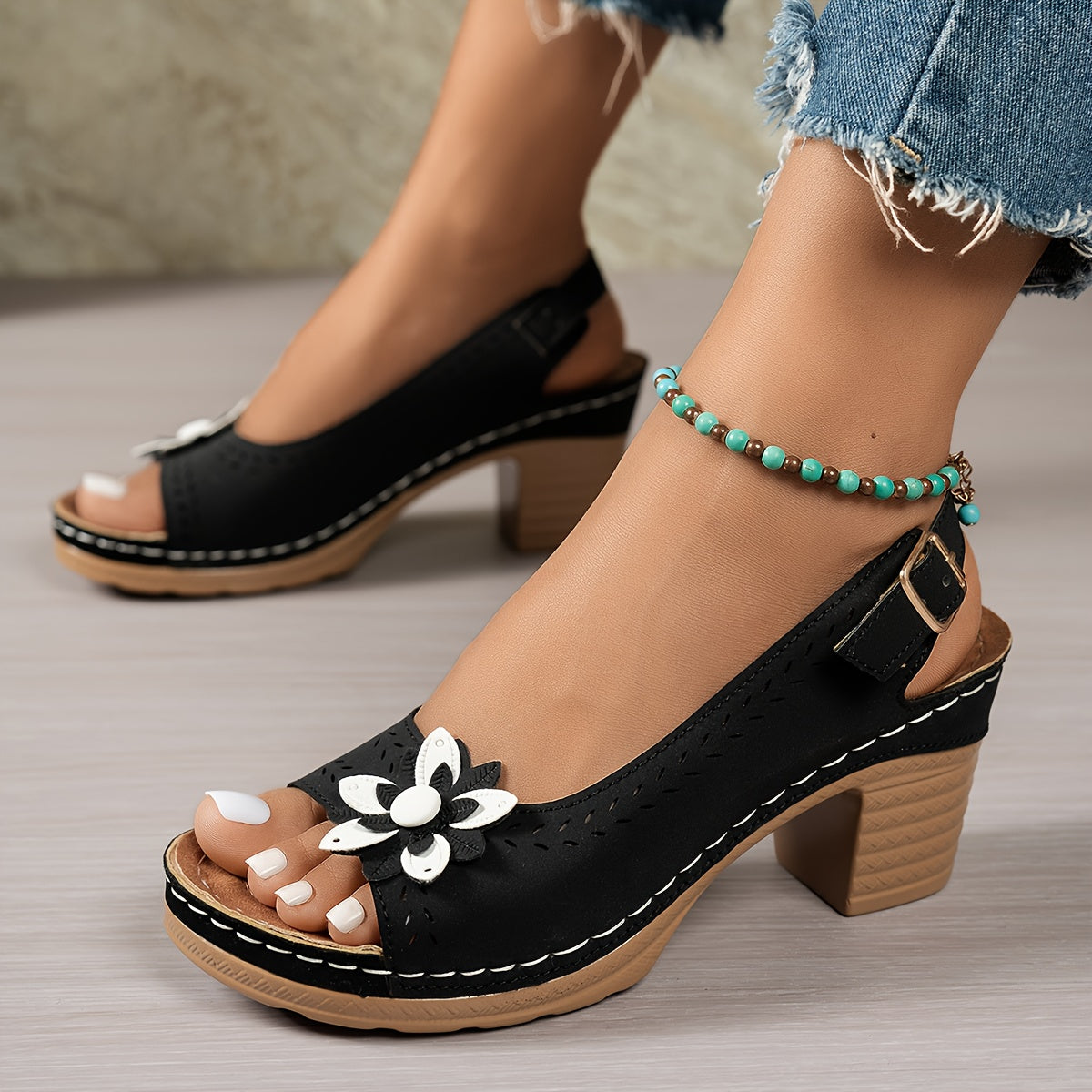 Women's Slip-On Roman Bohemian High-Heel Sandals - Chunky Platform Heels with Floral Cutout Design, Open-Toe Summer Beach Shoes in Black/White/Red/Brown - Synthetic Cover & PU Sole for Casual & Semi-Formal Outfits