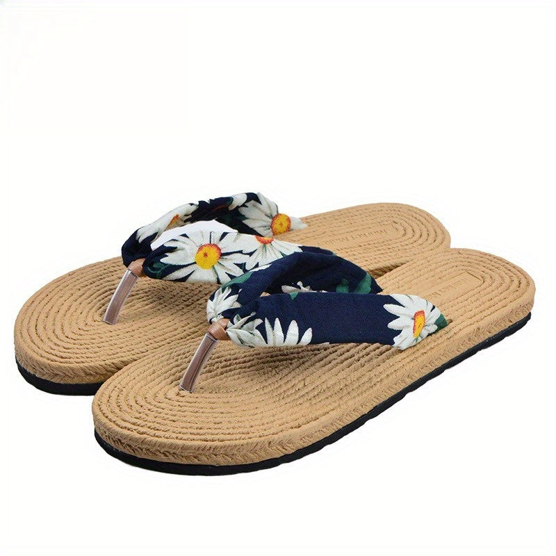 Women's Beach Flip-Flops with Linen Upper & EVA Sole - Non-Slip Flat Sandals, Beige & Black Polka Dot Design, Soft Cushioned Insole for Poolside, Summer Casual, and Casual Attire - Breathable Comfortable Slippers