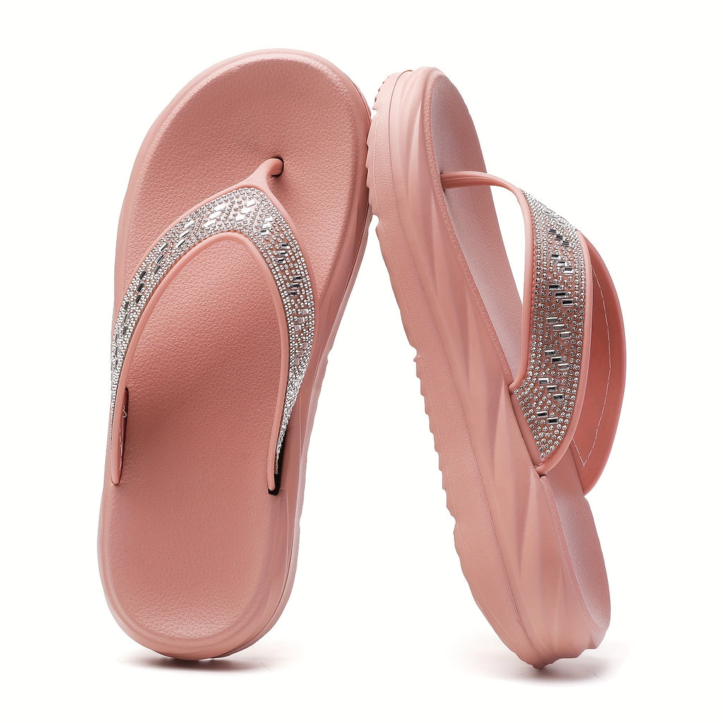 Women's Rhinestone Flip Flops - Stylish Black EVA Thick Sole Slides with Sparkling Accents, Non-Slip & Cushioned Comfort for Beach, Pool, Travel, Indoor & Outdoor Wear