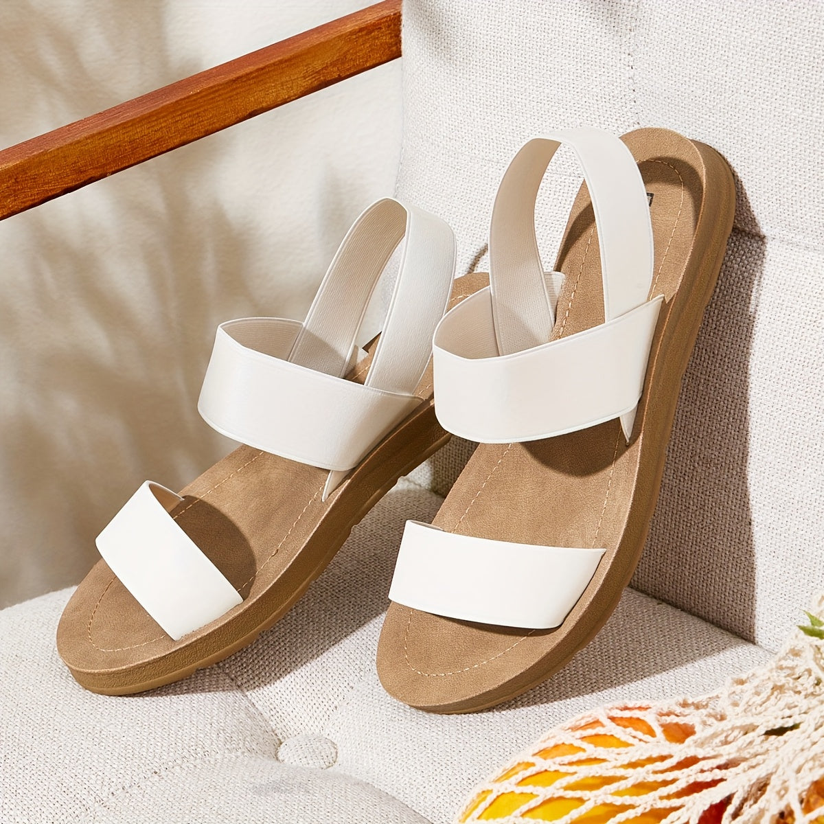 1 Pair Women'S White Slip-On Sandals - Breathable Synthetic Cover Flat Heel, Open-Toe Design for Casual & Commuting, Easy to Wear with Straw Hat & Basket in the Background, Summer Footwear, Comfortable Footwear