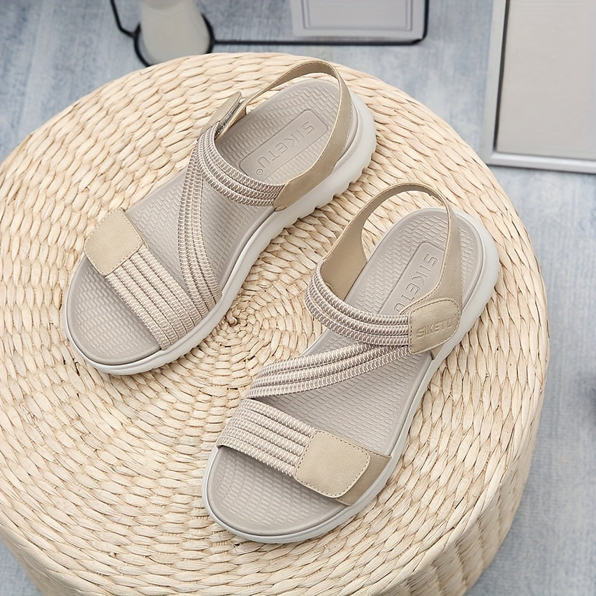 [Comfortable Sandals] Amazon's Lightweight Comfortable Women's Flat Sandals | Adjustable Ankle Strap, Breathable Open-Toe Design, Cushioned EVA Insole & Non-Slip MD Sole - Summer Casual Beach Shoes Beige/Black (EU 35-42), Decorative Metallic Accent &