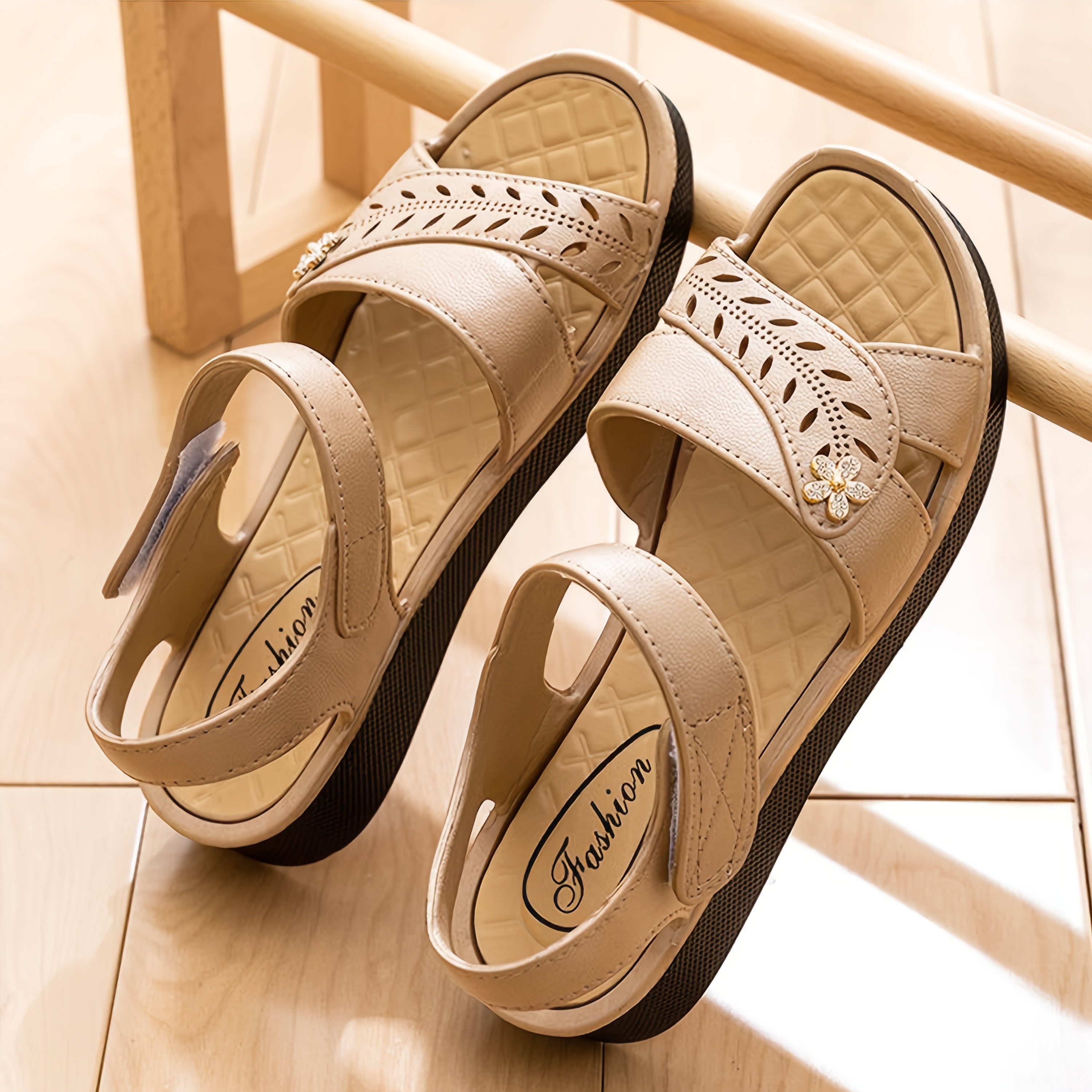 Women's Slip-On Sandals - Cushioned Comfort, Beige/White - Low Heel Beach & Office Shoes with Adjustable Crisscross Straps, Platform Flip Flops for Women, Rubber Sole Summer Casual Shoes