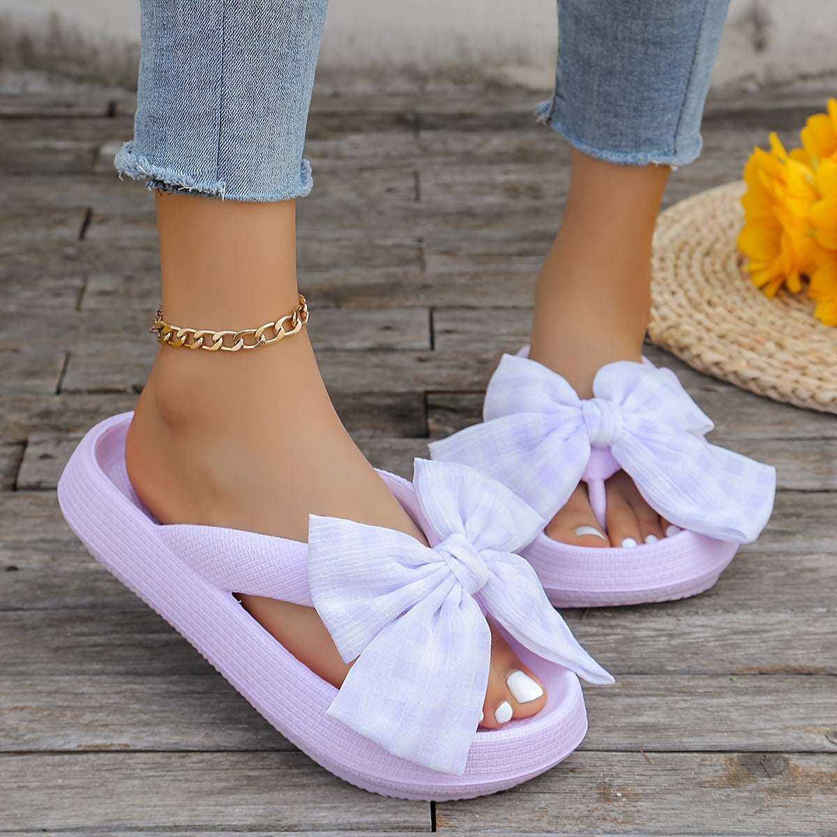 Women's Solid Color Flip Flops, Platform Soft Sole Slip On Plaid Bowknot Slides, Non-slip Summer EVA Beach Slides