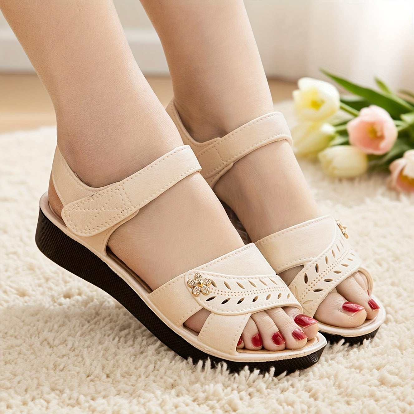 Women's Slip-On Sandals - Cushioned Comfort, Beige/White - Low Heel Beach & Office Shoes with Adjustable Crisscross Straps, Platform Flip Flops for Women, Rubber Sole Summer Casual Shoes