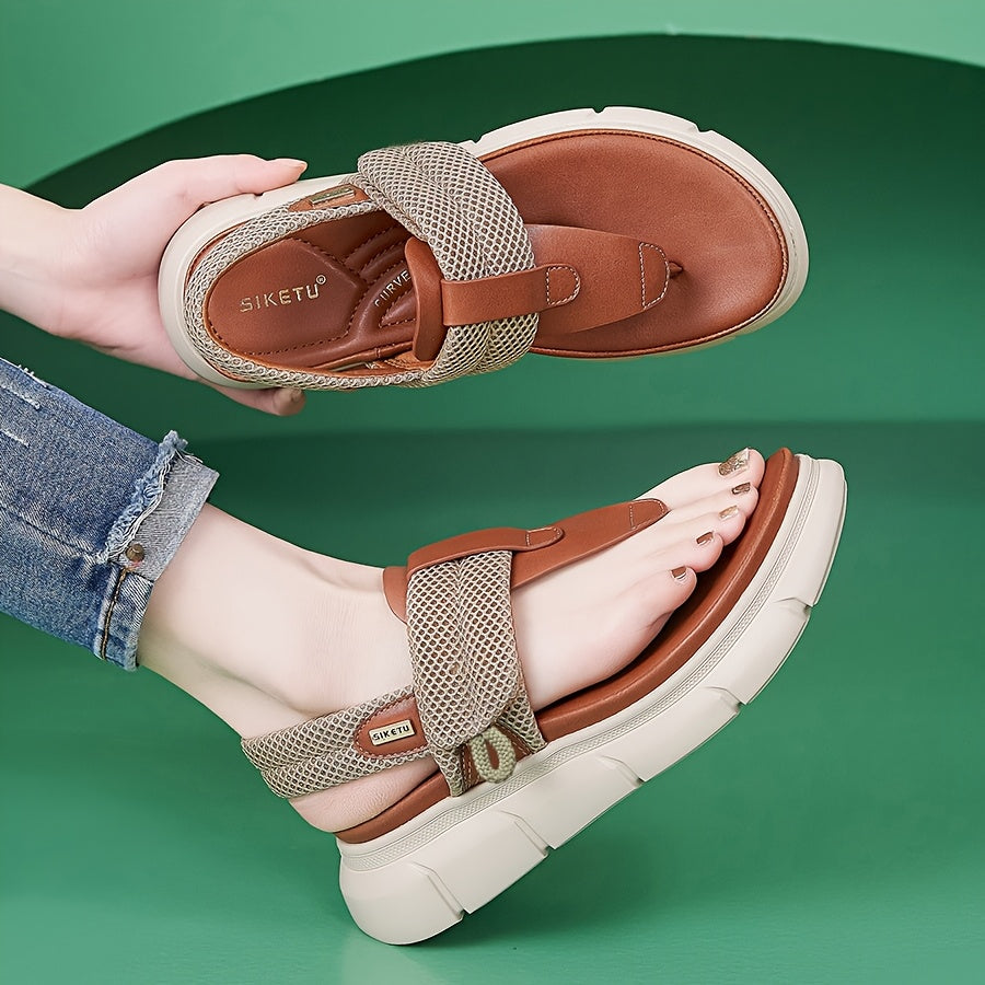[Casual Sandals] Thick-Soled Women's Casual Sandals | Open-Toe Summer Shoes with Breathable Mesh Upper, Faux Cover Lining, Adjustable Hook-and-Loop Closure for Comfort, Versatile Style, Strappy Ankle Strap