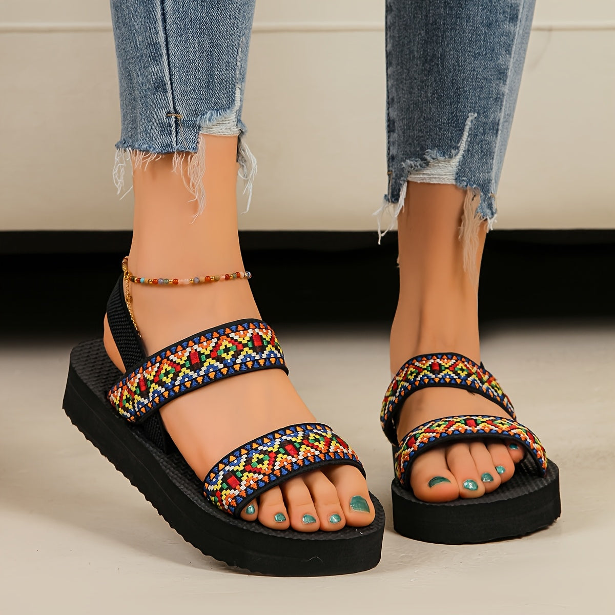 Women's Stylish Slide Sandals - Comfortable EVA Sole, Open Toe with Geometric Pattern, Lightweight Fabric Straps, Perfect for Beach, Casual Outings & Indoor Use, Beach Shoes