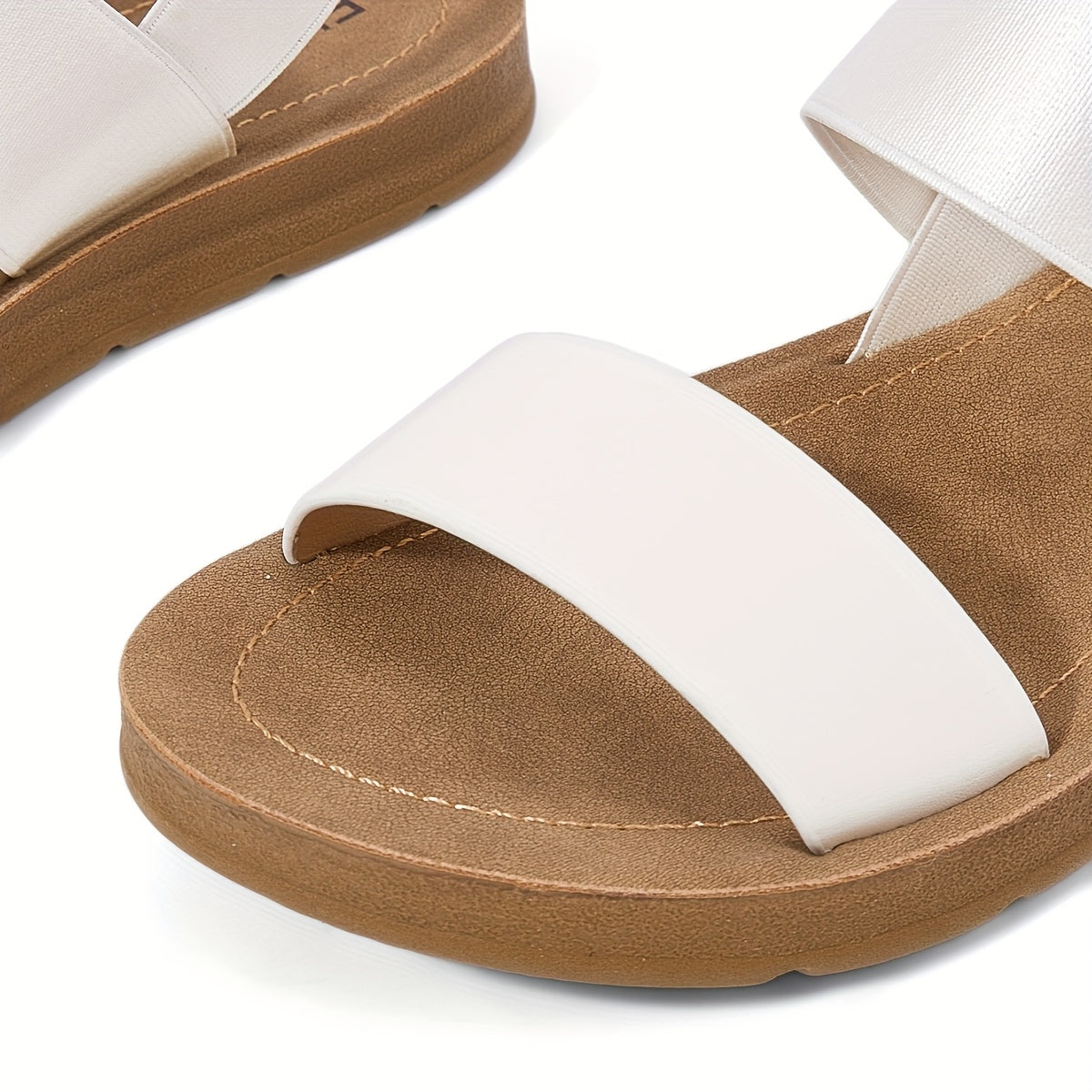 1 Pair Women'S White Slip-On Sandals - Breathable Synthetic Cover Flat Heel, Open-Toe Design for Casual & Commuting, Easy to Wear with Straw Hat & Basket in the Background, Summer Footwear, Comfortable Footwear