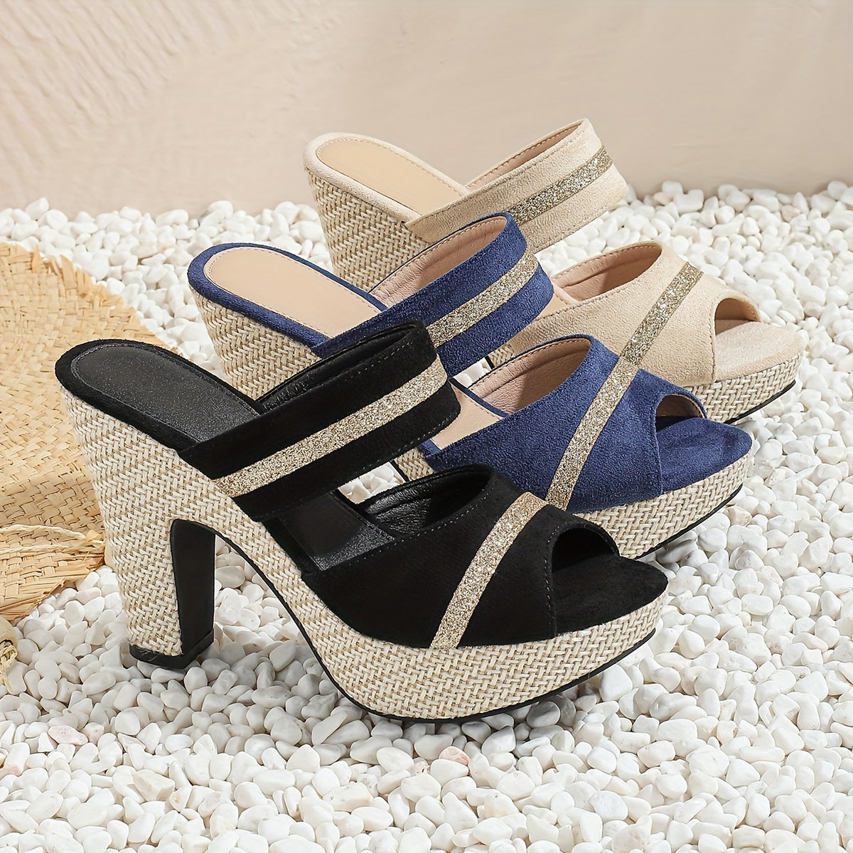 [Elegant Sandals] Ultra-High Heel Women's Bohemian Sandals | Elegant Thick-Soled Slip-On, Open-Toe Ankle Strap, All-Season Comfort, Synthetic Cover & TPR Sole, Decorative Stitching, Durable Footwear for Parties & Nightclubs