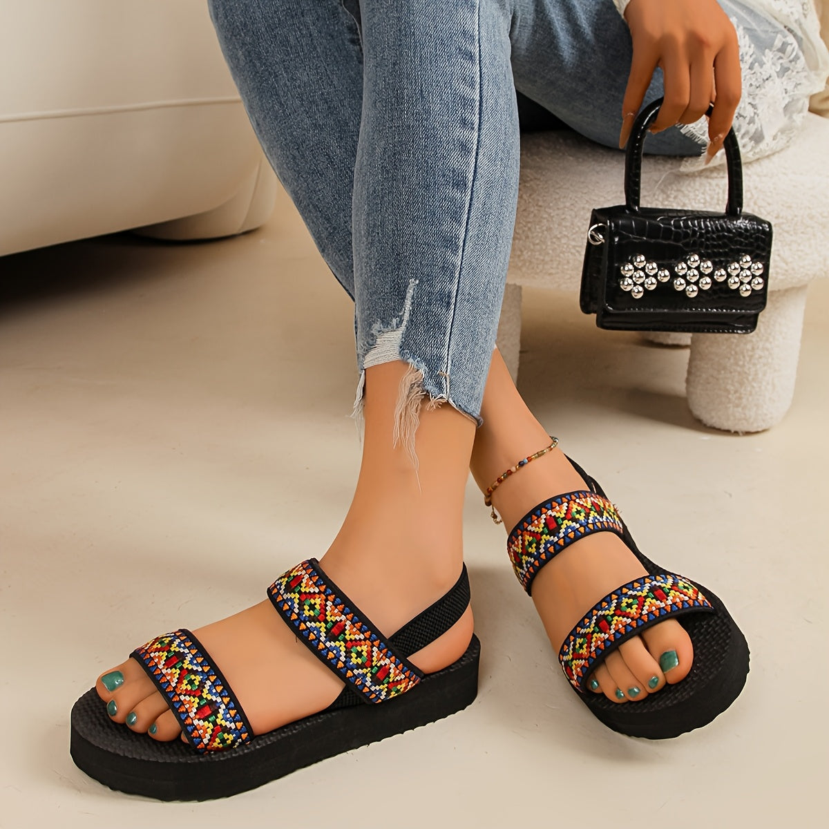Women's Stylish Slide Sandals - Comfortable EVA Sole, Open Toe with Geometric Pattern, Lightweight Fabric Straps, Perfect for Beach, Casual Outings & Indoor Use, Beach Shoes