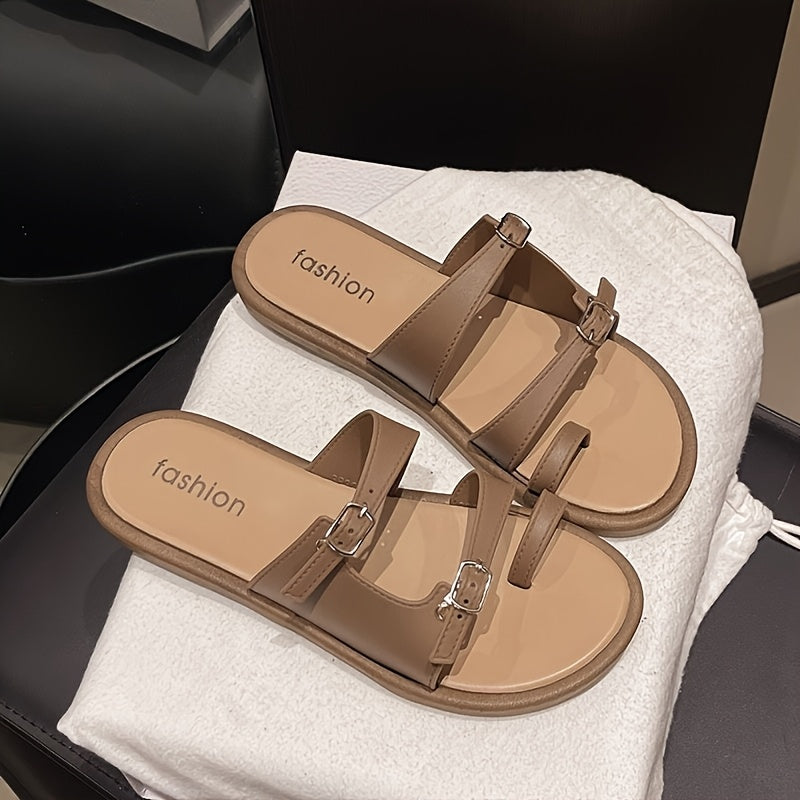 Women'S Summer Flat Sandals - Elegant Open-Toe Beach Shoes with Metal Buckle Strap, Lightweight & Comfortable, Striped Design in Beige & Black, Perfect for Casual Travel, Strappy Sandals