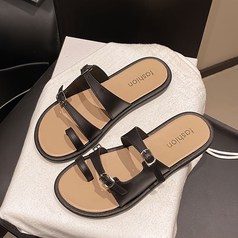 Women'S Summer Flat Sandals - Elegant Open-Toe Beach Shoes with Metal Buckle Strap, Lightweight & Comfortable, Striped Design in Beige & Black, Perfect for Casual Travel, Strappy Sandals