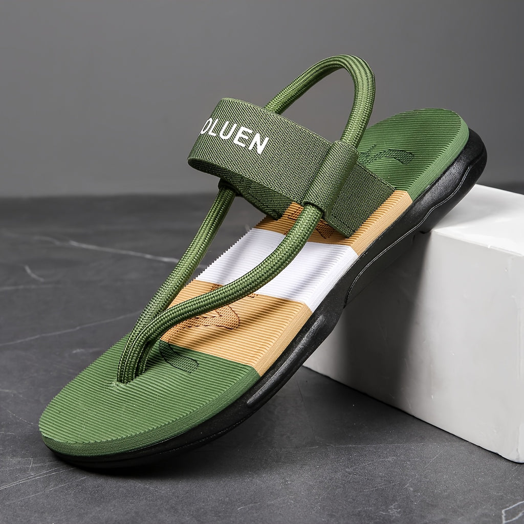 Men's Casual Flip Flops with Bold Letter Print & Striped Design - Durable Fabric Upper, Non-Slip PVC Sole, Comfortable EVA Insole - All-Season Versatile for Beach, Pool, Lounge - Blue, Beach Accessories, Poolside Footwear