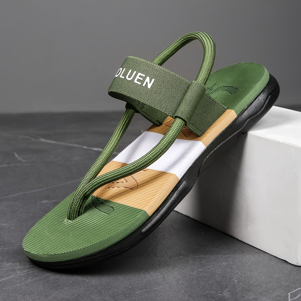 Men's Casual Flip Flops with Bold Letter Print & Striped Design - Durable Fabric Upper, Non-Slip PVC Sole, Comfortable EVA Insole - All-Season Versatile for Beach, Pool, Lounge - Blue, Beach Accessories, Poolside Footwear