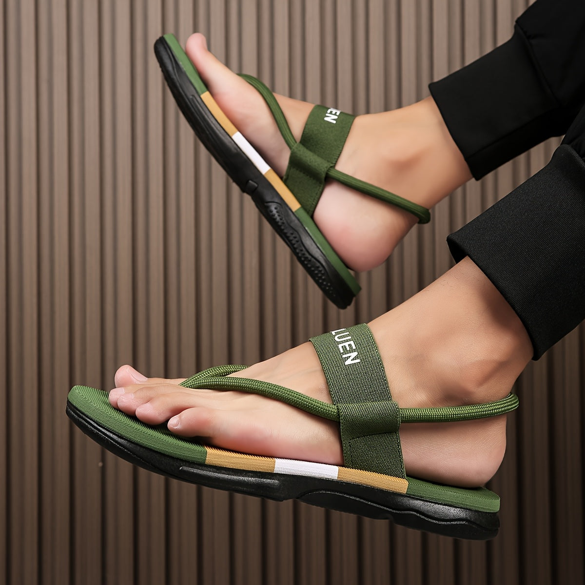 Men's Casual Flip Flops with Bold Letter Print & Striped Design - Durable Fabric Upper, Non-Slip PVC Sole, Comfortable EVA Insole - All-Season Versatile for Beach, Pool, Lounge - Blue, Beach Accessories, Poolside Footwear