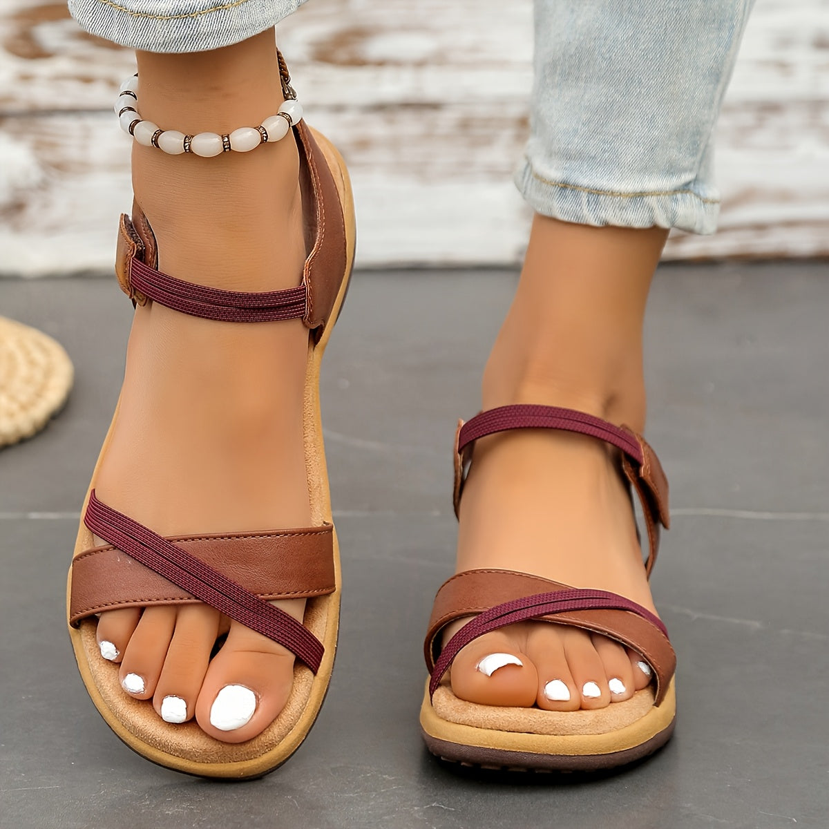 Women’s Summer Black & White Crisscross Strap Sandals – Soft, Slip-Resistant, Breathable Open-Toe Flat Beach Shoes with Magnetic Closure for Outdoor Activities, Summer Sandals