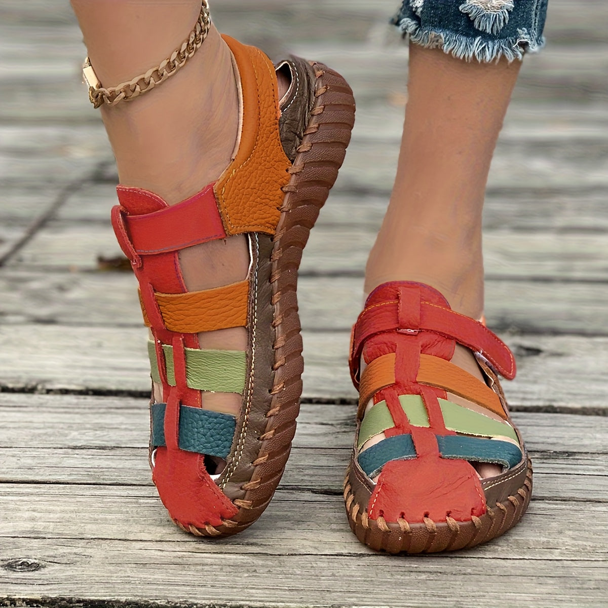 Women’s Colorful Flat Sandals - Soft Casual Loafers with Non-Slip Rubber Sole, Cut-Out Design, and Elastic Straps for Comfortable Fit, Ladies Sandals