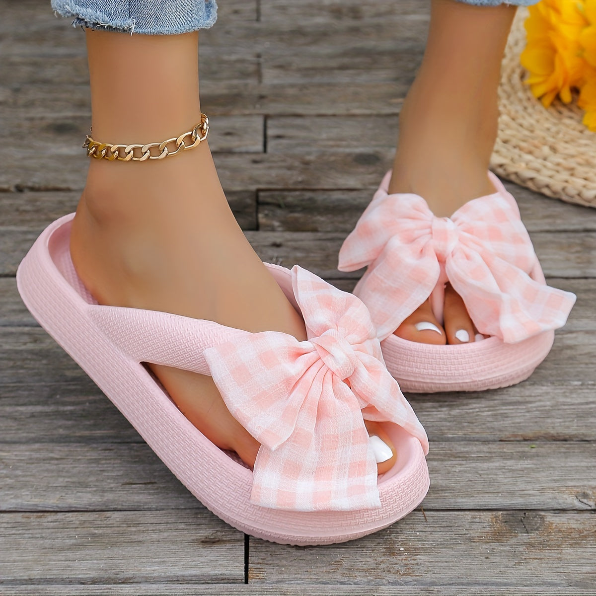 Women's Solid Color Flip Flops, Platform Soft Sole Slip On Plaid Bowknot Slides, Non-slip Summer EVA Beach Slides