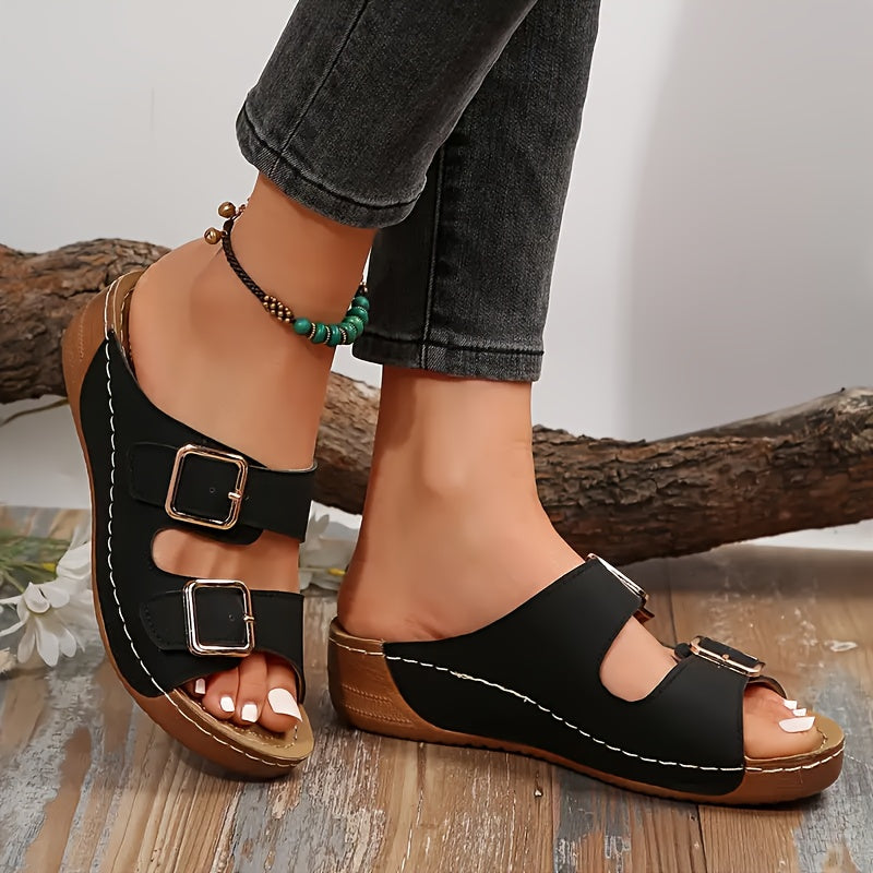 2025 Summer Women's Elegant Mary Jane Double Buckle Sandals - Slip-On Platform Soft Sole Mid-Heel Casual Beach Shoes, Open-Toe Synthetic Cover in 6 Colors (Navy, Grey, Burgundy, Black, White, Brown), Everyday Slipons | Modern Footwear | Comfortable Fit,