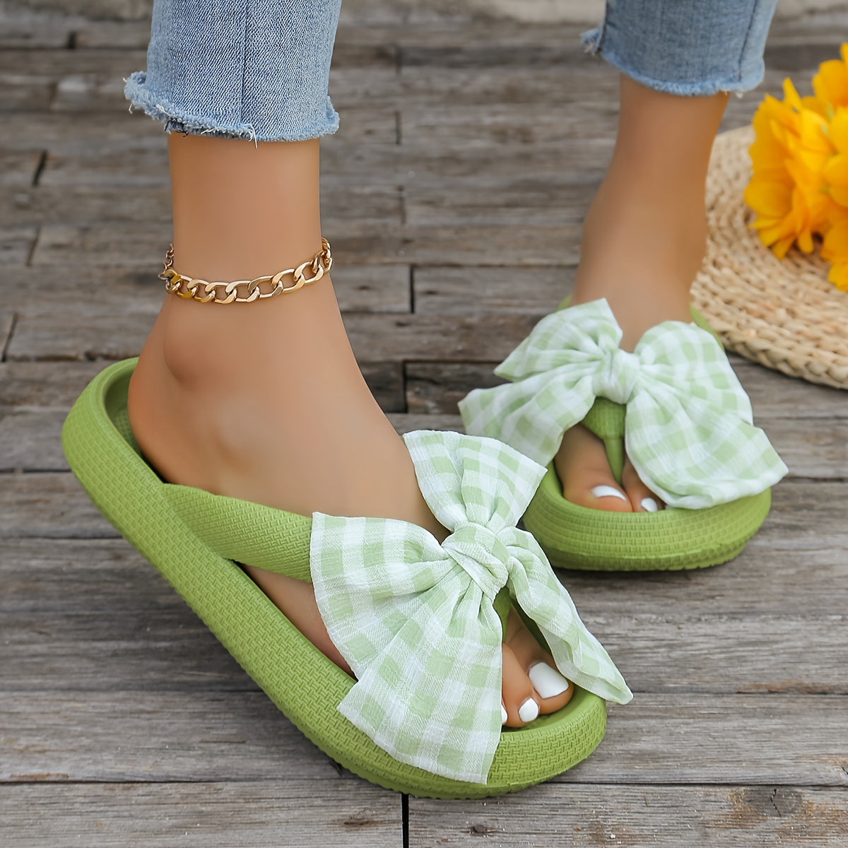 Women's Solid Color Flip Flops, Platform Soft Sole Slip On Plaid Bowknot Slides, Non-slip Summer EVA Beach Slides