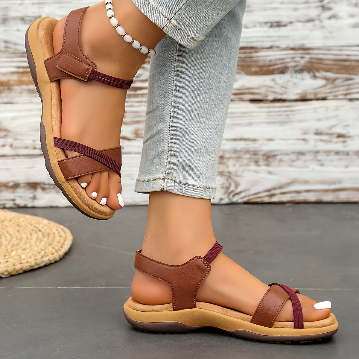 Women’s Summer Black & White Crisscross Strap Sandals – Soft, Slip-Resistant, Breathable Open-Toe Flat Beach Shoes with Magnetic Closure for Outdoor Activities, Summer Sandals