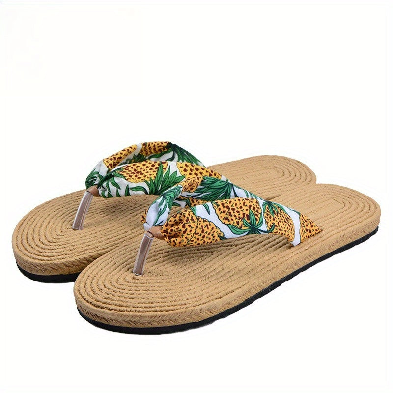 Women's Beach Flip-Flops with Linen Upper & EVA Sole - Non-Slip Flat Sandals, Beige & Black Polka Dot Design, Soft Cushioned Insole for Poolside, Summer Casual, and Casual Attire - Breathable Comfortable Slippers