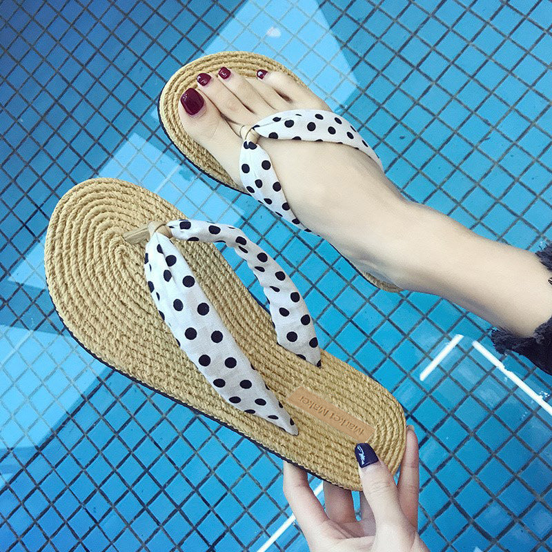 Women's Beach Flip-Flops with Linen Upper & EVA Sole - Non-Slip Flat Sandals, Beige & Black Polka Dot Design, Soft Cushioned Insole for Poolside, Summer Casual, and Casual Attire - Breathable Comfortable Slippers