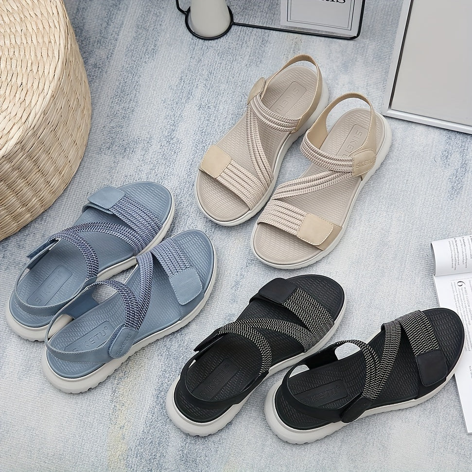 [Comfortable Sandals] Amazon's Lightweight Comfortable Women's Flat Sandals | Adjustable Ankle Strap, Breathable Open-Toe Design, Cushioned EVA Insole & Non-Slip MD Sole - Summer Casual Beach Shoes Beige/Black (EU 35-42), Decorative Metallic Accent &