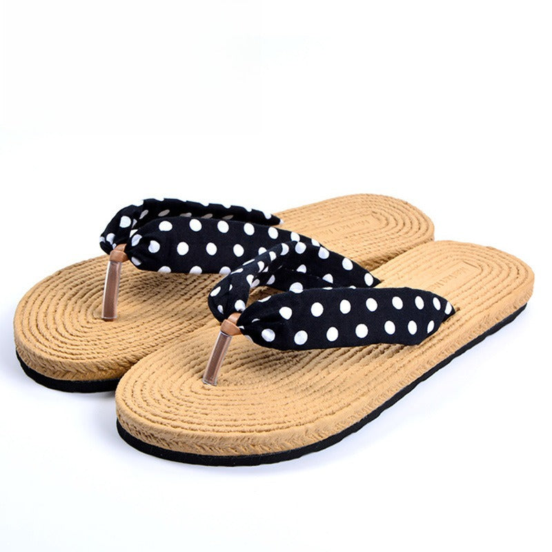Women's Beach Flip-Flops with Linen Upper & EVA Sole - Non-Slip Flat Sandals, Beige & Black Polka Dot Design, Soft Cushioned Insole for Poolside, Summer Casual, and Casual Attire - Breathable Comfortable Slippers