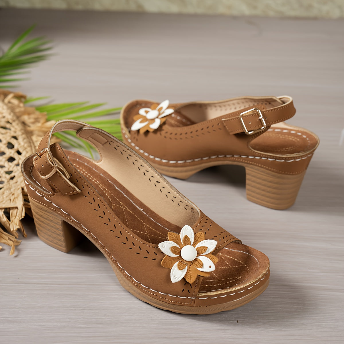 Women's Slip-On Roman Bohemian High-Heel Sandals - Chunky Platform Heels with Floral Cutout Design, Open-Toe Summer Beach Shoes in Black/White/Red/Brown - Synthetic Cover & PU Sole for Casual & Semi-Formal Outfits