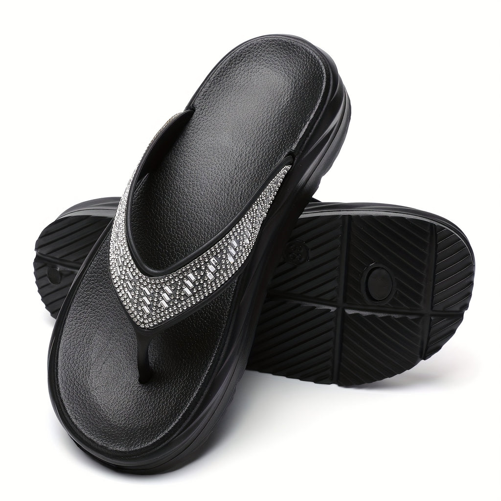 Women's Rhinestone Flip Flops - Stylish Black EVA Thick Sole Slides with Sparkling Accents, Non-Slip & Cushioned Comfort for Beach, Pool, Travel, Indoor & Outdoor Wear