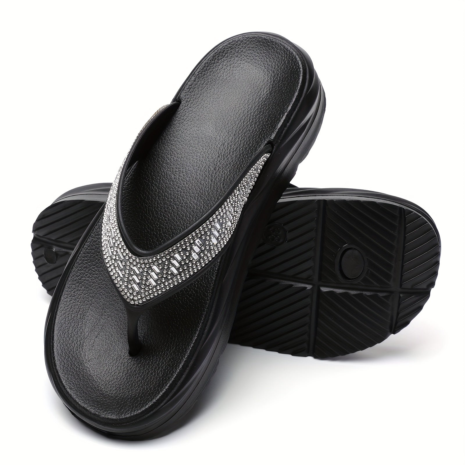Women's Rhinestone Flip Flops - Stylish Black EVA Thick Sole Slides with Sparkling Accents, Non-Slip & Cushioned Comfort for Beach, Pool, Travel, Indoor & Outdoor Wear
